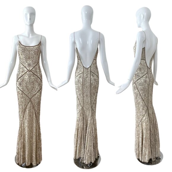 LES HABITUDES 90's couture silk hand beaded evening gown bridal wedding maxi - Picture 1 of 8